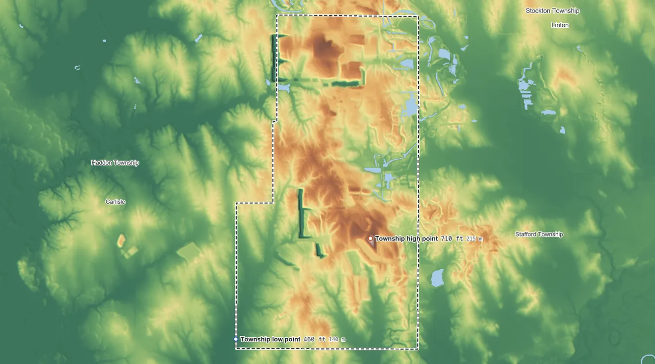 Topographic elevation map of Jefferson Township, Sullivan County, Indiana, shaded from 460 ft on the southwest side to 710 ft on the south side