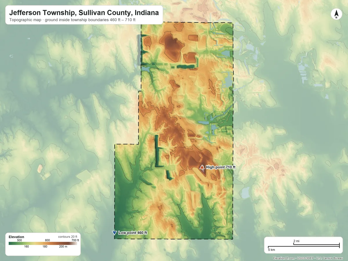 Topographic elevation map of Jefferson Township, Sullivan County, Indiana, shaded from 460 ft on the southwest side to 710 ft on the south side