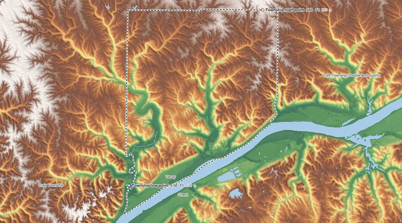 Topographic elevation map of Jefferson Township, Switzerland County, Indiana, shaded from 430 ft on the southwest side to 900 ft on the northeast side