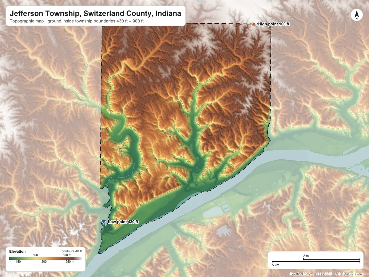 Topographic elevation map of Jefferson Township, Switzerland County, Indiana, shaded from 430 ft on the southwest side to 900 ft on the northeast side