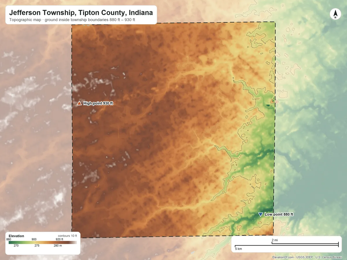 Topographic elevation map of Jefferson Township, Tipton County, Indiana, shaded from 880 ft on the southeast side to 930 ft on the west side