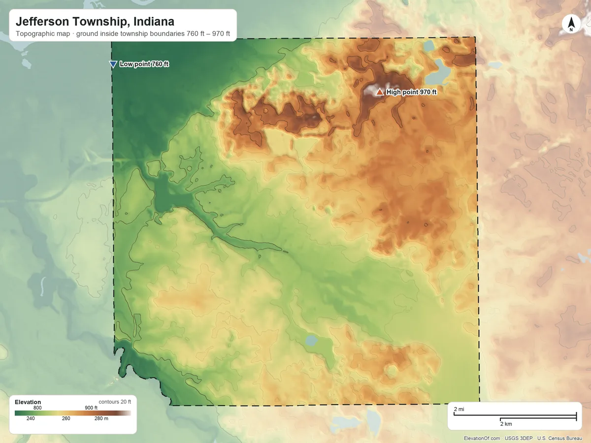 Topographic elevation map of Jefferson Township, Indiana, shaded from 760 ft on the northwest side to 970 ft on the northeast side