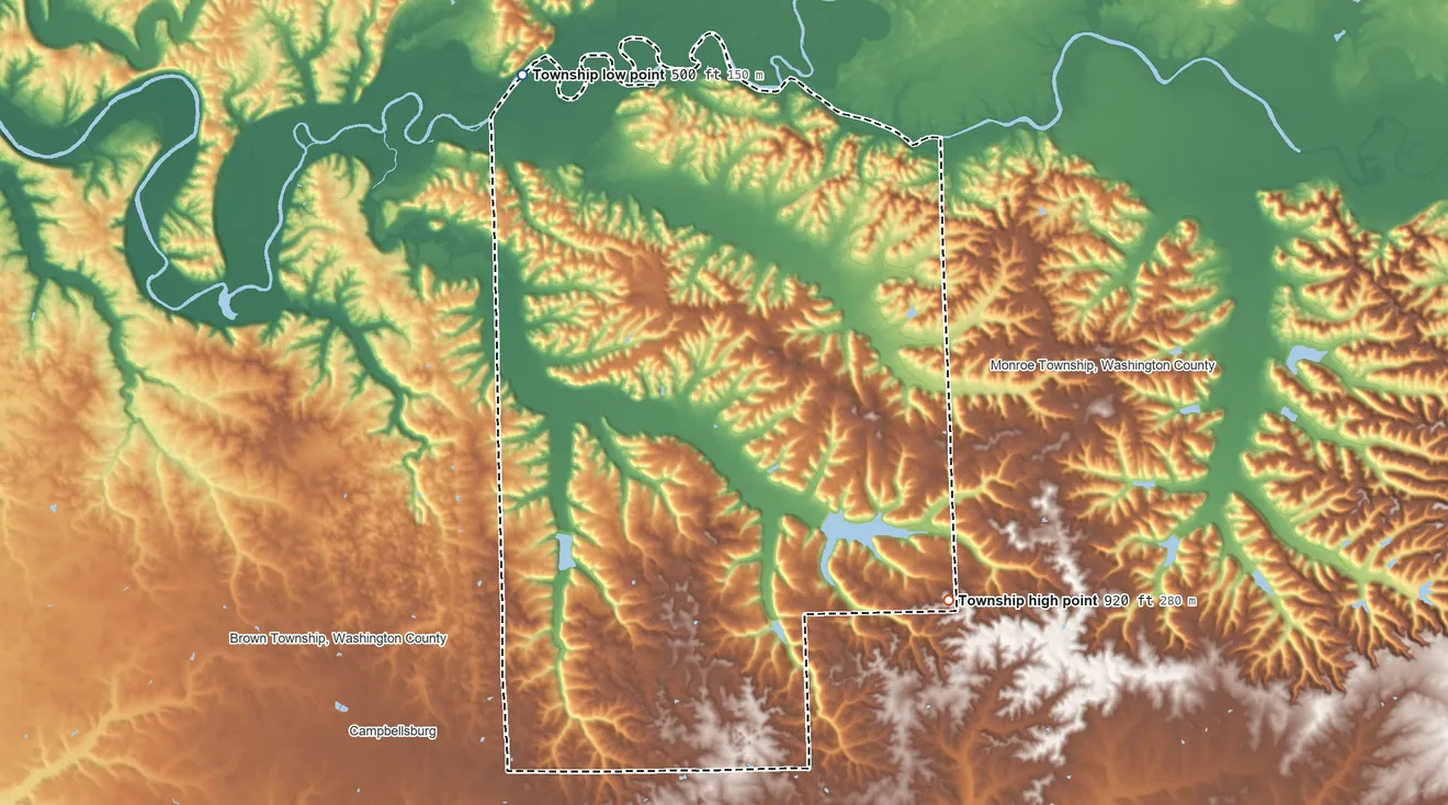 Topographic elevation map of Jefferson Township, Washington County, Indiana, shaded from 500 ft on the northwest side to 920 ft on the southeast side