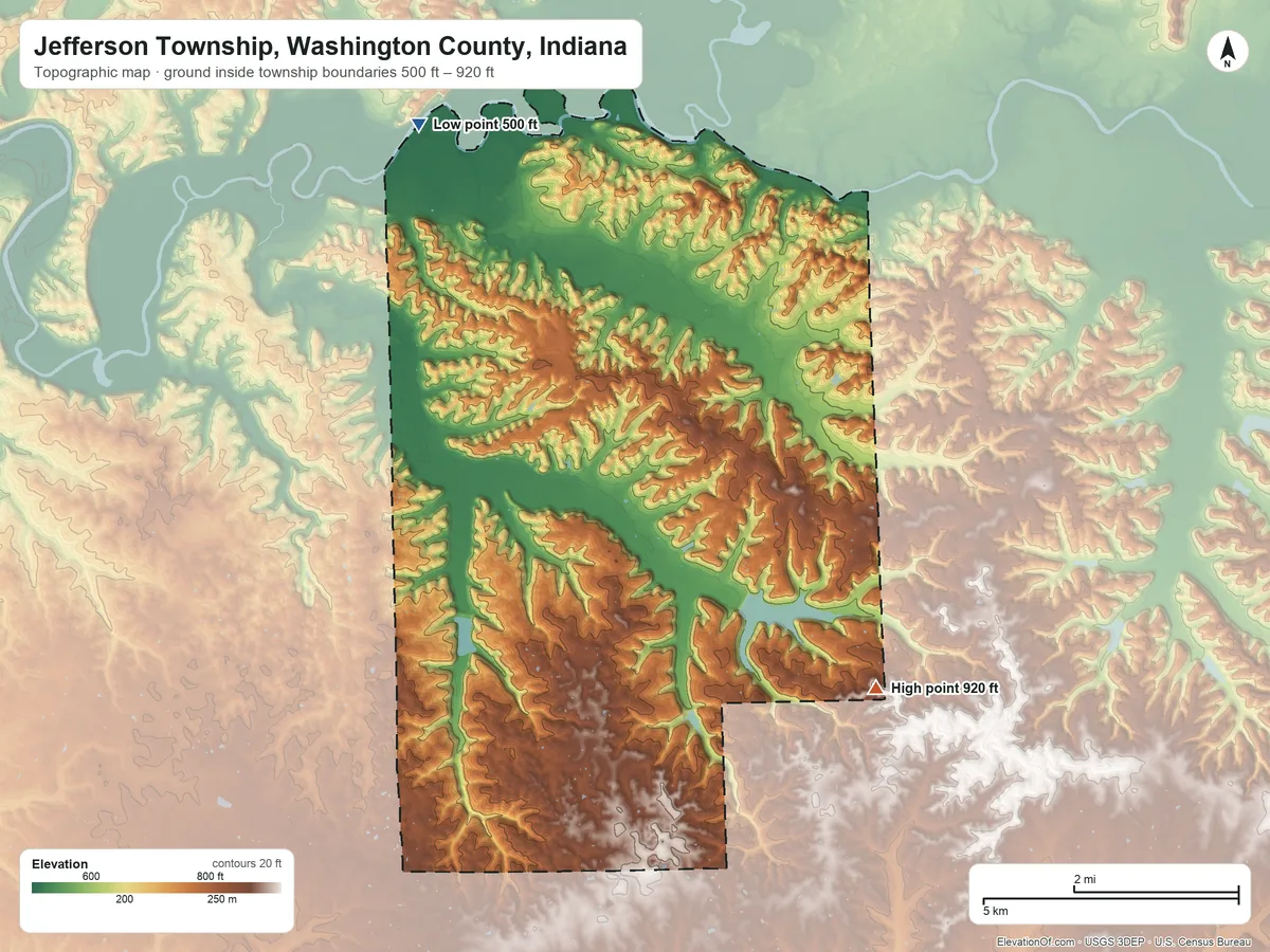 Topographic elevation map of Jefferson Township, Washington County, Indiana, shaded from 500 ft on the northwest side to 920 ft on the southeast side