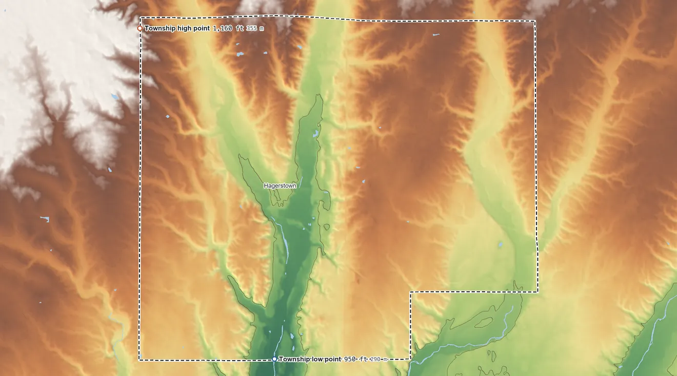 Topographic elevation map of Jefferson Township, Wayne County, Indiana, shaded from 950 ft on the south side to 1,160 ft on the northwest side