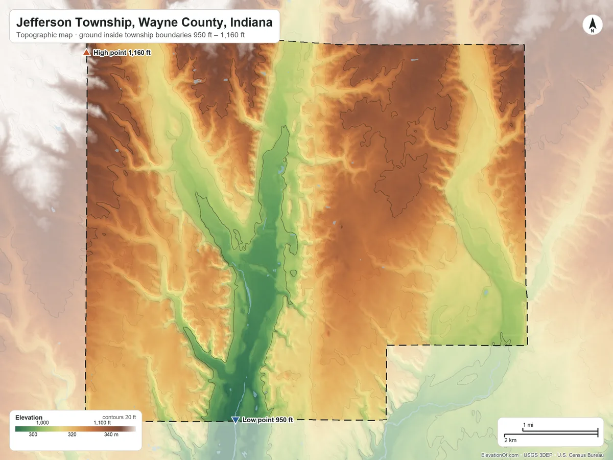 Topographic elevation map of Jefferson Township, Wayne County, Indiana, shaded from 950 ft on the south side to 1,160 ft on the northwest side