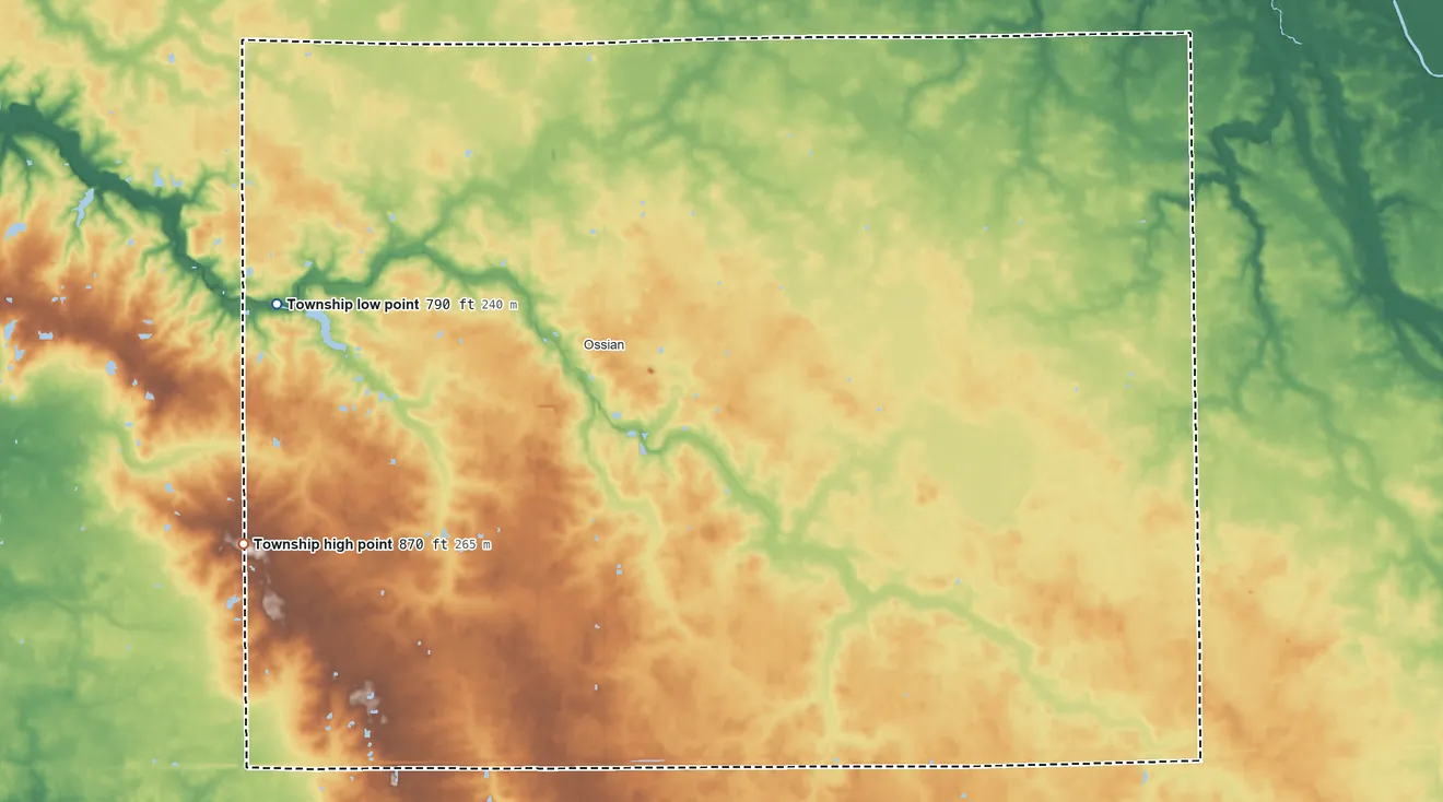 Topographic elevation map of Jefferson Township, Wells County, Indiana, shaded from 790 ft on the west side to 870 ft on the southwest side