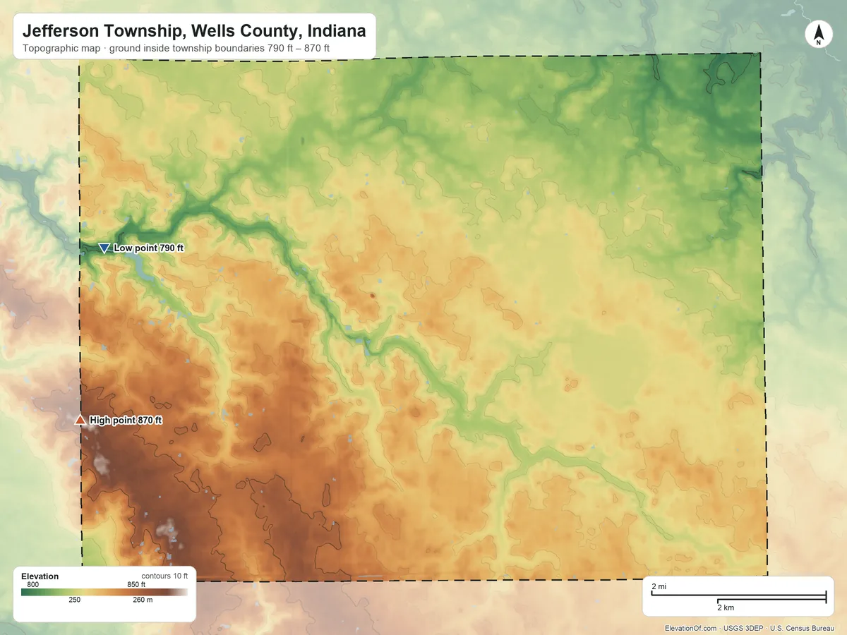Topographic elevation map of Jefferson Township, Wells County, Indiana, shaded from 790 ft on the west side to 870 ft on the southwest side