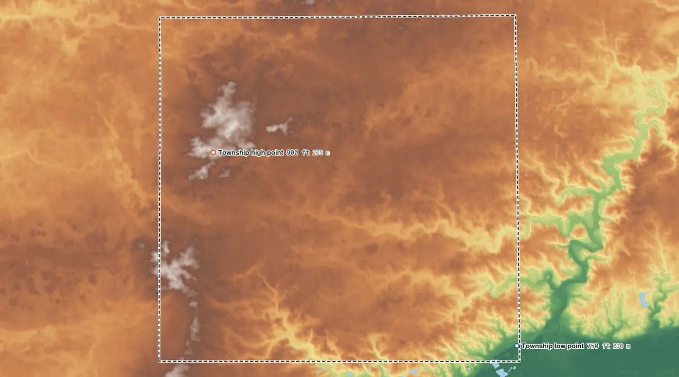 Topographic elevation map of Jefferson Township, Whitley County, Indiana, shaded from 750 ft on the southeast side to 900 ft on the west side