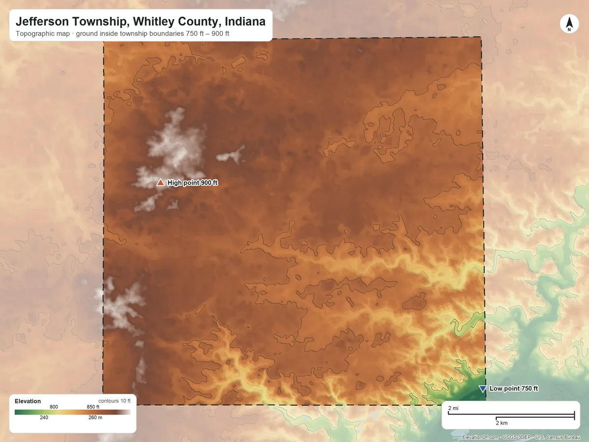 Topographic elevation map of Jefferson Township, Whitley County, Indiana, shaded from 750 ft on the southeast side to 900 ft on the west side