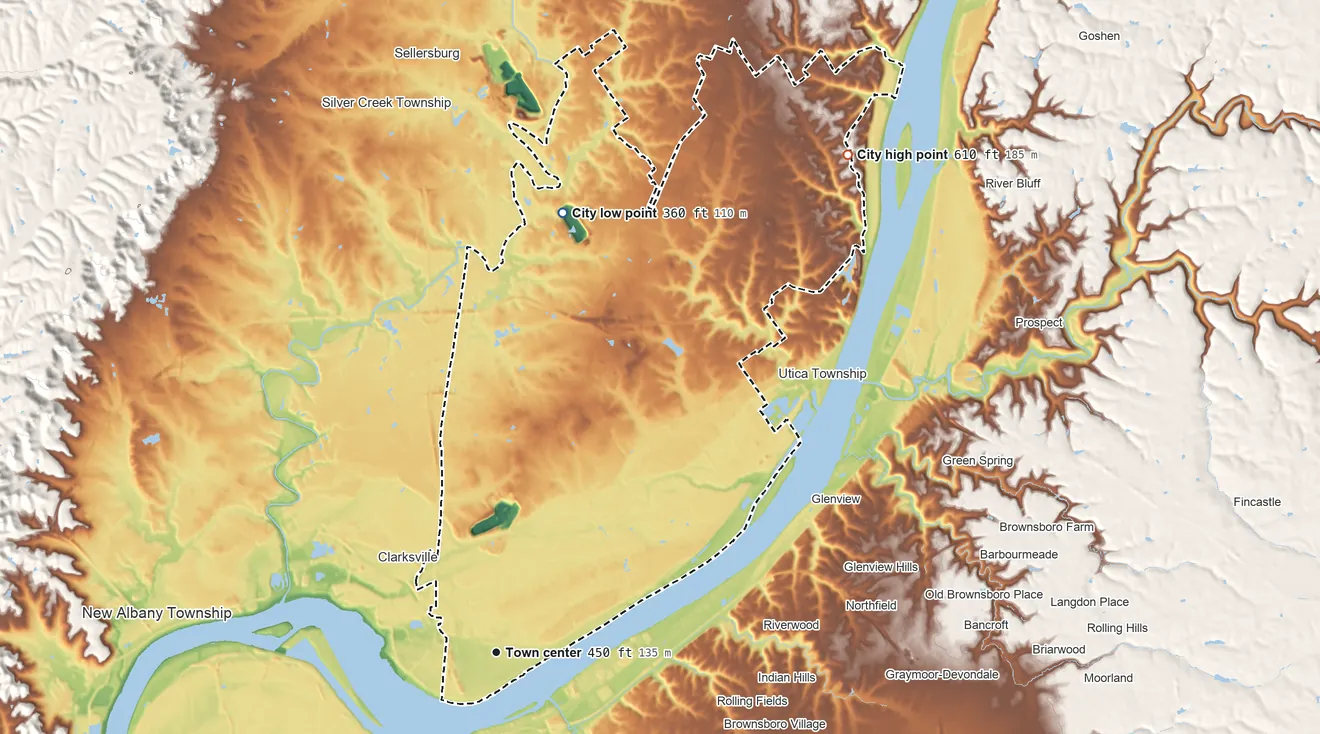 Topographic elevation map of Jeffersonville, Indiana, shaded from 360 ft on the north side to 610 ft on the northeast side