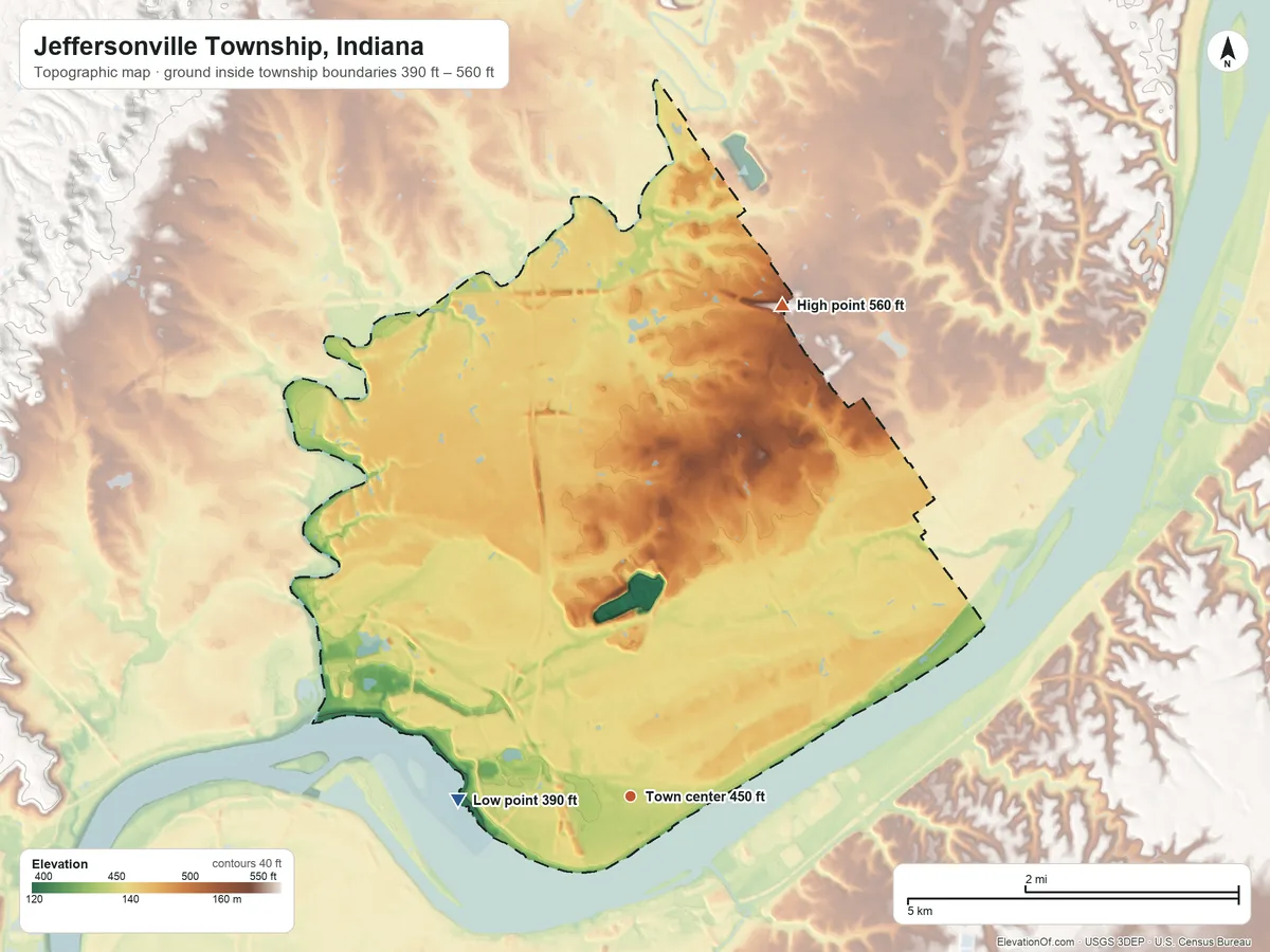Topographic elevation map of Jeffersonville Township, Indiana, shaded from 390 ft on the west side to 560 ft on the north side