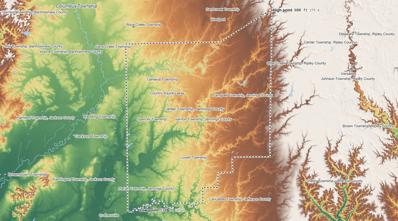 Topographic elevation map of Jennings County, Indiana, shaded from 530 ft on the southwest side to 900 ft on the northeast side