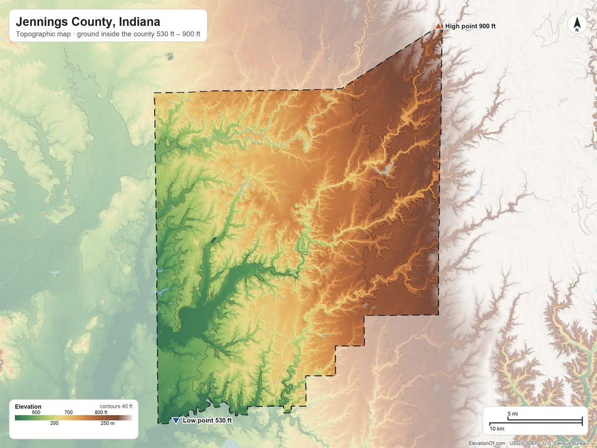 Topographic elevation map of Jennings County, Indiana, shaded from 530 ft on the southwest side to 900 ft on the northeast side