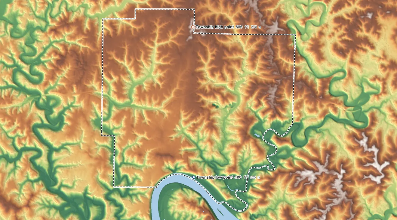Topographic elevation map of Jennings Township, Crawford County, Indiana, shaded from 400 ft on the south side to 880 ft on the north side