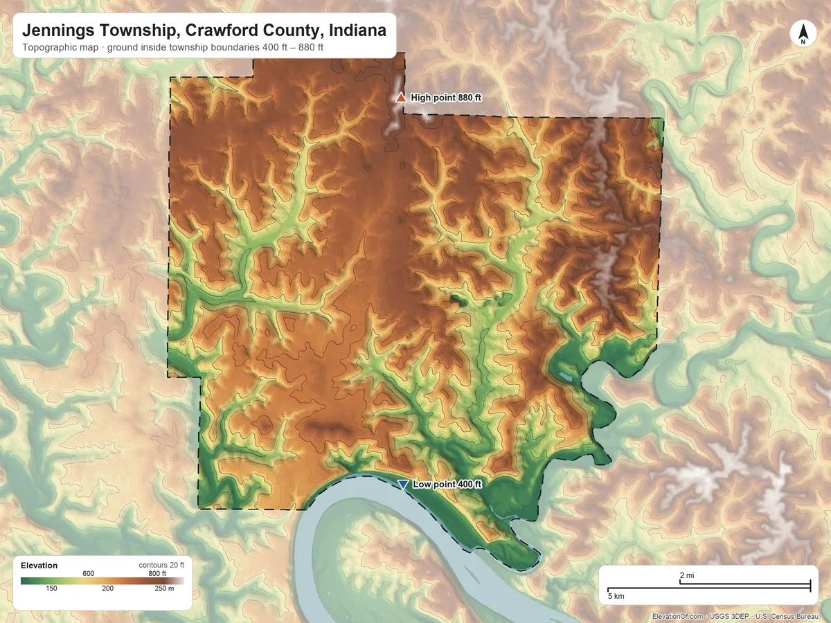 Topographic elevation map of Jennings Township, Crawford County, Indiana, shaded from 400 ft on the south side to 880 ft on the north side