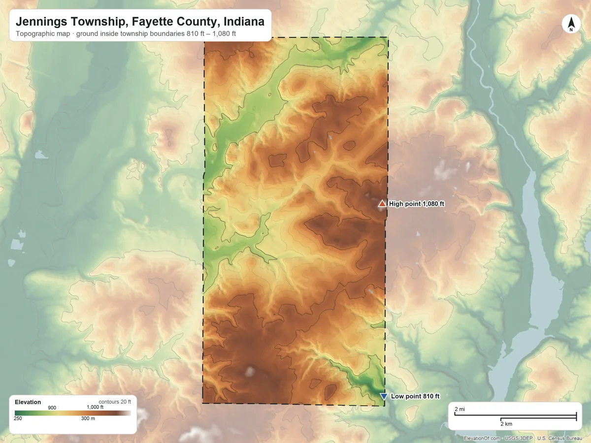 Topographic elevation map of Jennings Township, Fayette County, Indiana, shaded from 810 ft on the southeast side to 1,080 ft on the east side