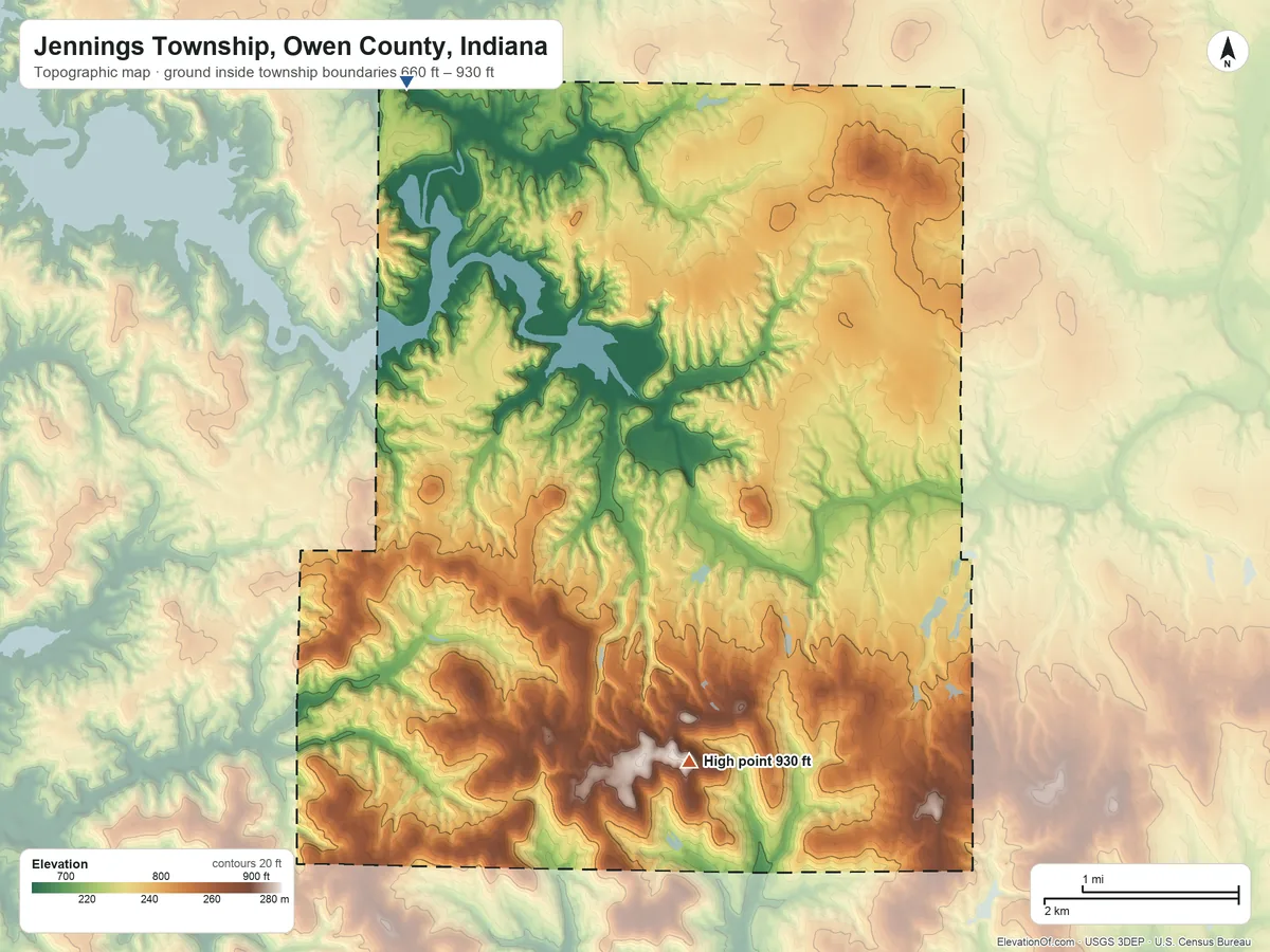 Topographic elevation map of Jennings Township, Owen County, Indiana, shaded from 660 ft on the northwest side to 930 ft on the south side
