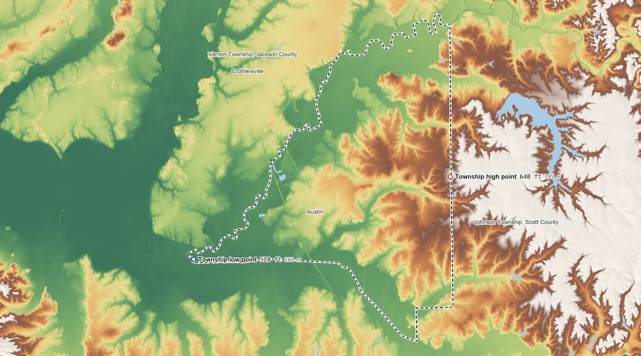 Topographic elevation map of Jennings Township, Indiana, shaded from 520 ft on the west side to 640 ft on the east side