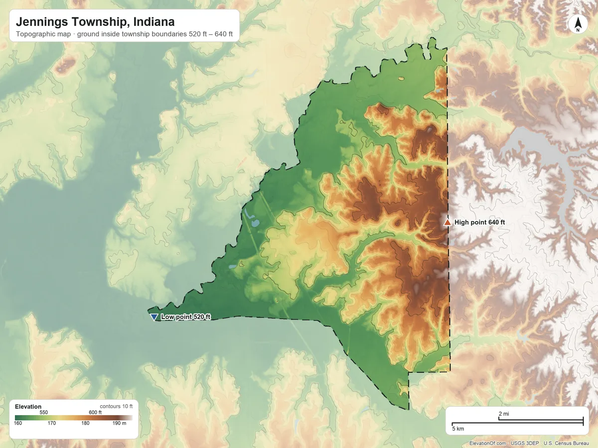 Topographic elevation map of Jennings Township, Indiana, shaded from 520 ft on the west side to 640 ft on the east side