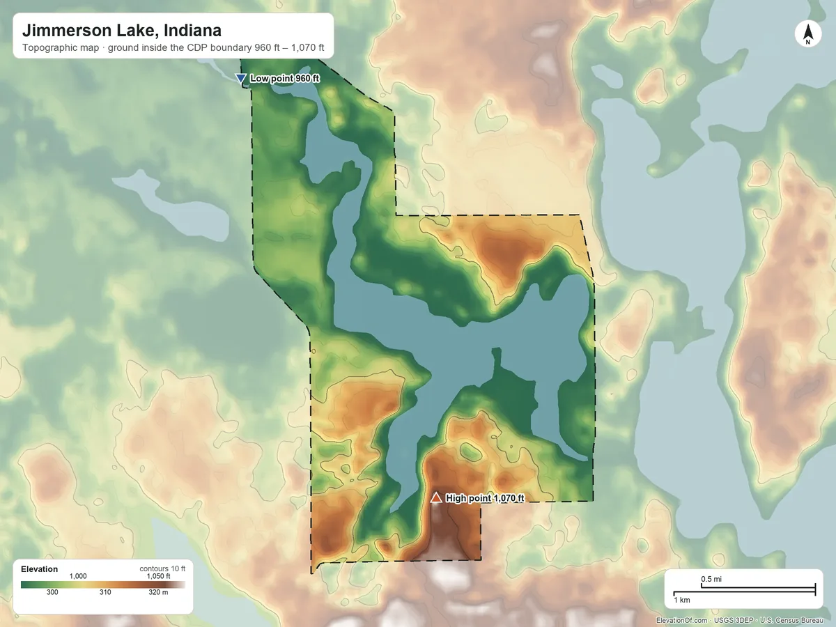 Topographic elevation map of Jimmerson Lake, Indiana, shaded from 960 ft on the northwest side to 1,070 ft on the south side