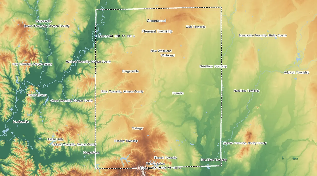 Topographic elevation map of Johnson County, Indiana, shaded from 630 ft on the northwest side to 1,020 ft on the south side
