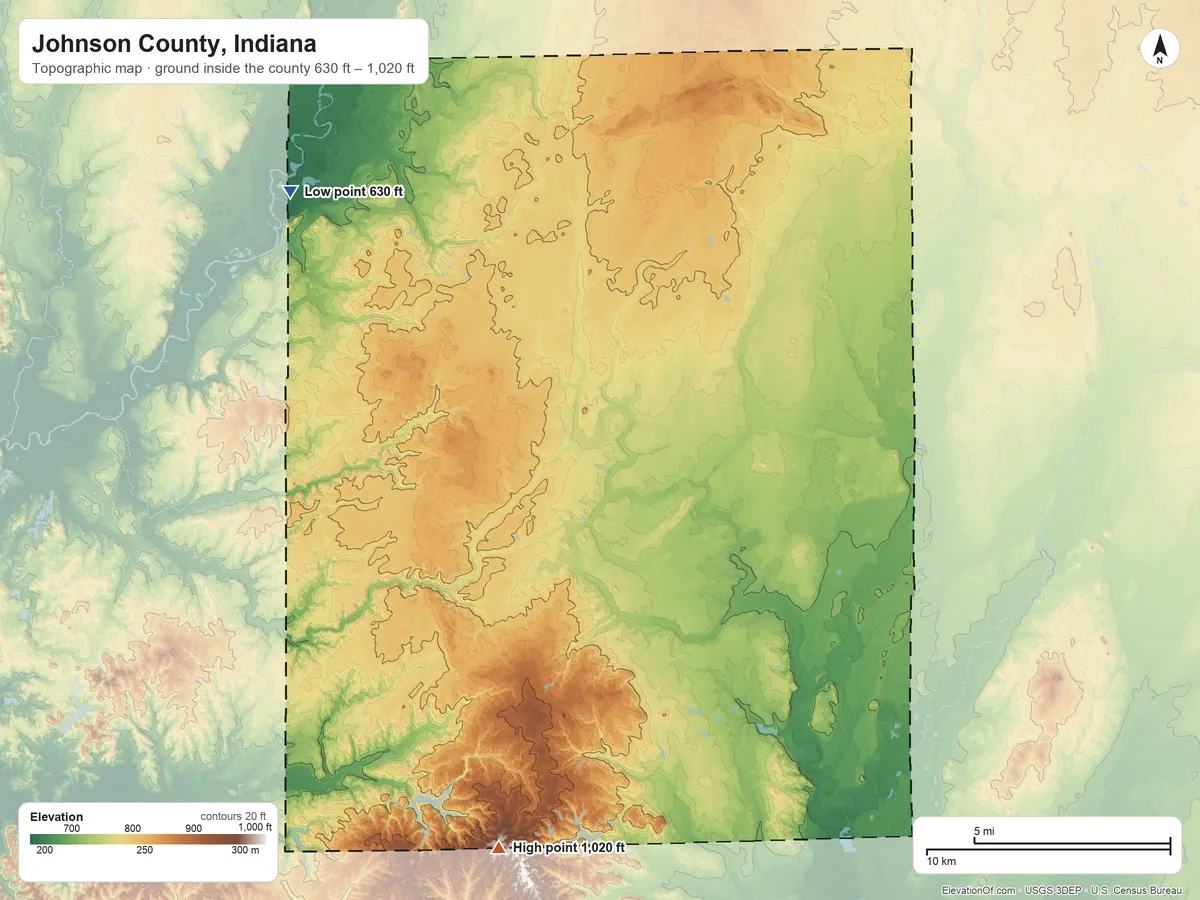 Topographic elevation map of Johnson County, Indiana, shaded from 630 ft on the northwest side to 1,020 ft on the south side