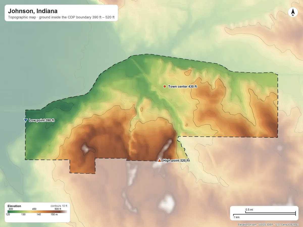 Topographic elevation map of Johnson, Indiana, shaded from 390 ft on the west side to 520 ft on the south side