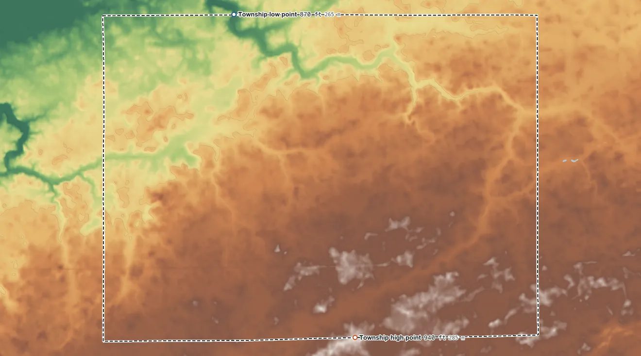 Topographic elevation map of Johnson Township, Clinton County, Indiana, shaded from 870 ft on the north side to 940 ft on the southeast side