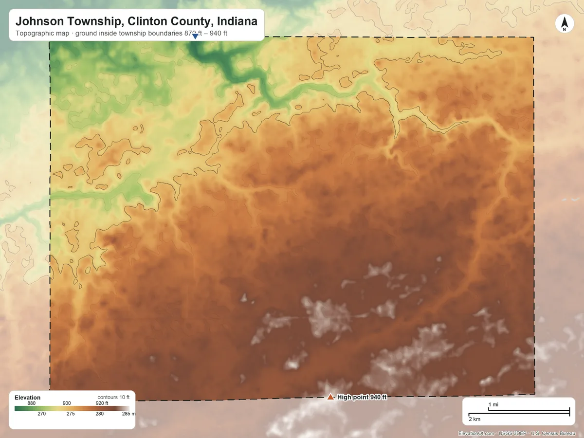 Topographic elevation map of Johnson Township, Clinton County, Indiana, shaded from 870 ft on the north side to 940 ft on the southeast side