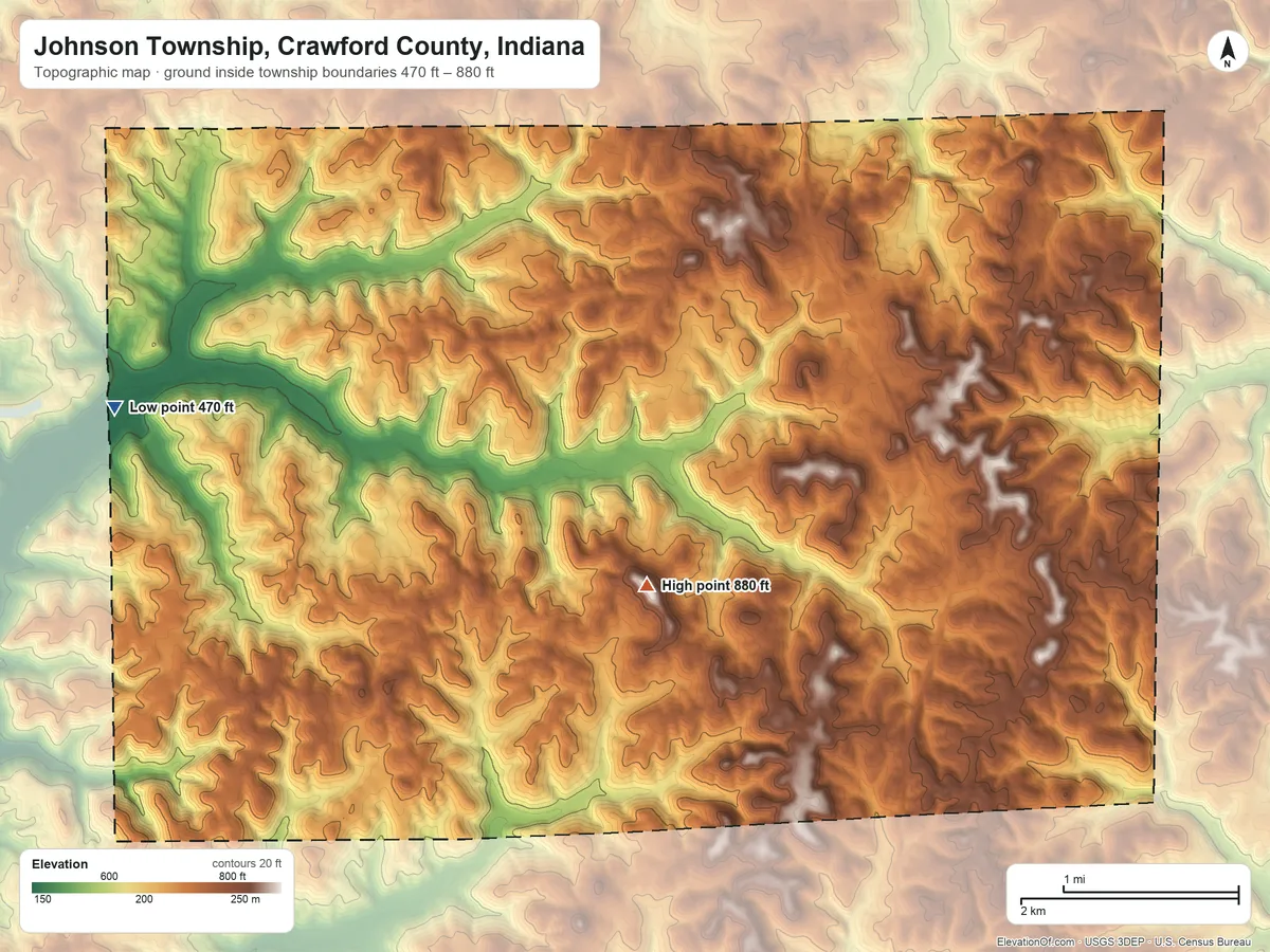 Topographic elevation map of Johnson Township, Crawford County, Indiana, shaded from 470 ft on the west side to 880 ft on the southwest side