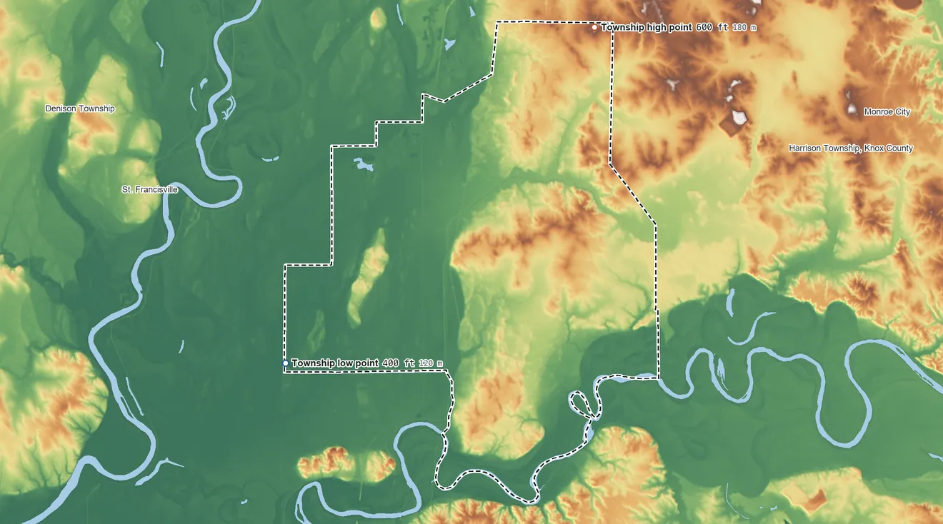 Topographic elevation map of Johnson Township, Knox County, Indiana, shaded from 400 ft on the southwest side to 600 ft on the northeast side