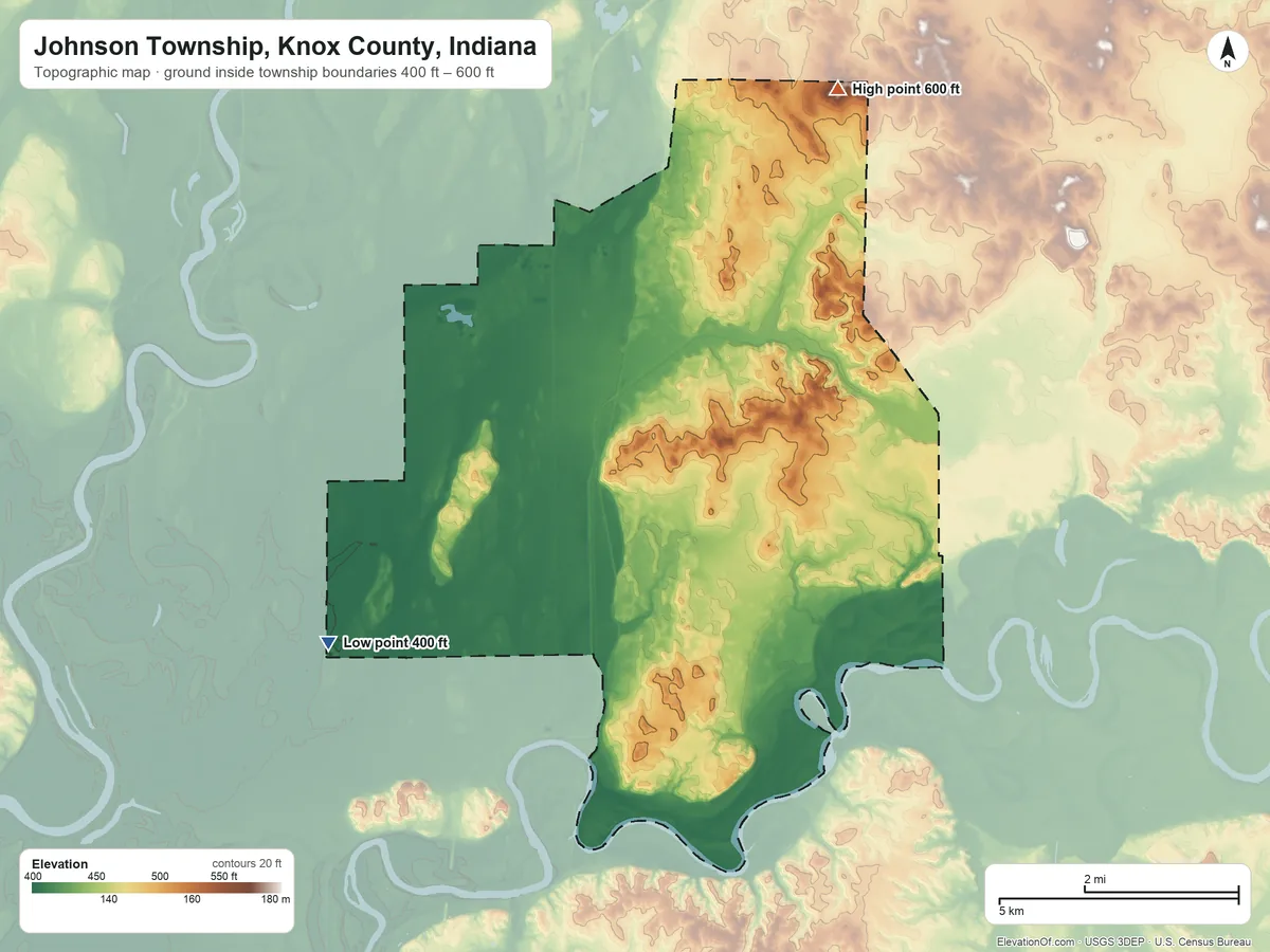Topographic elevation map of Johnson Township, Knox County, Indiana, shaded from 400 ft on the southwest side to 600 ft on the northeast side