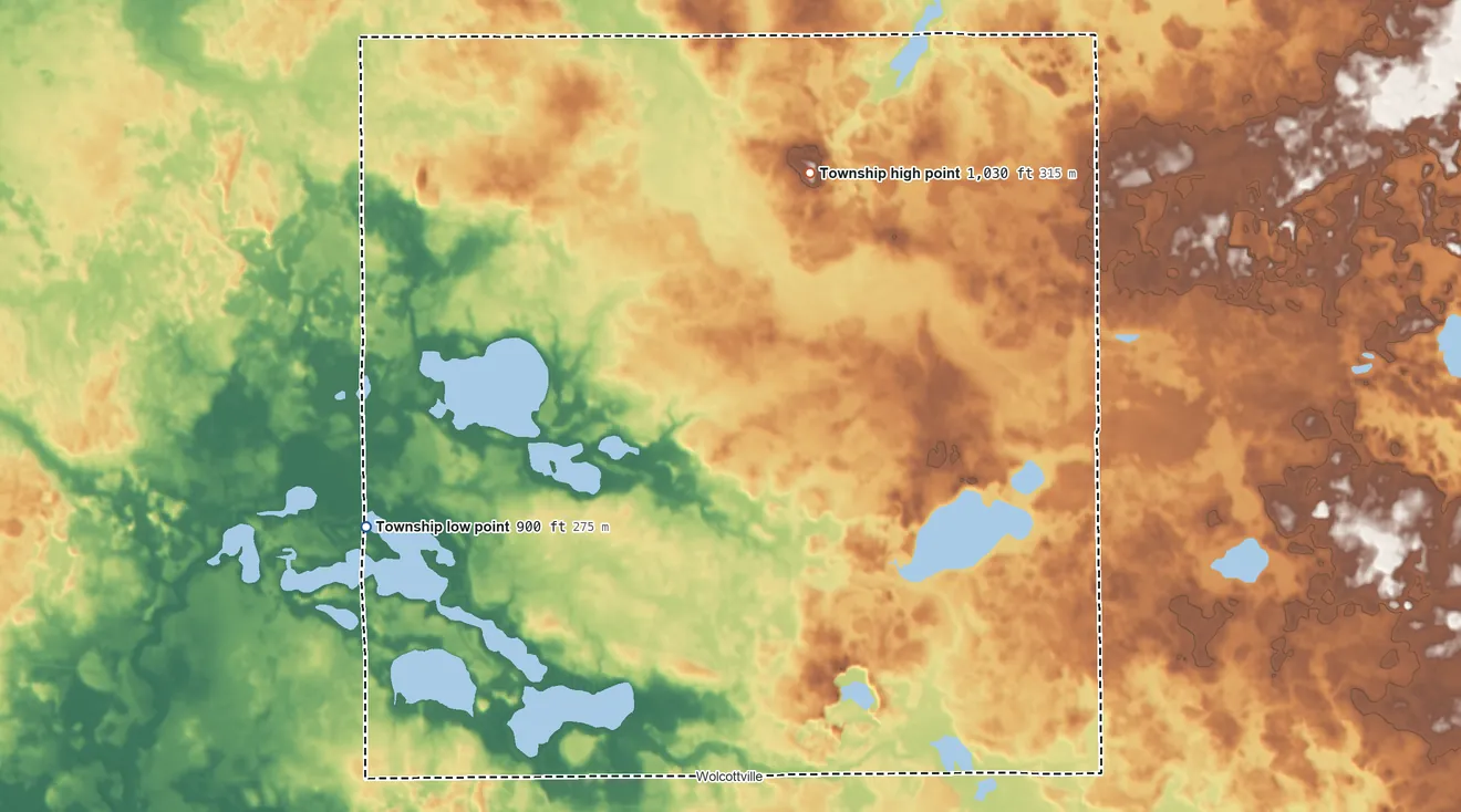 Topographic elevation map of Johnson Township, LaGrange County, Indiana, shaded from 900 ft on the west side to 1,030 ft on the north side