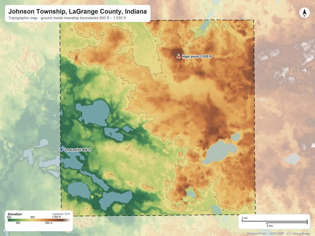 Topographic elevation map of Johnson Township, LaGrange County, Indiana, shaded from 900 ft on the west side to 1,030 ft on the north side
