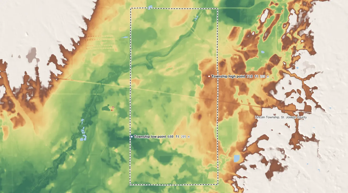 Topographic elevation map of Johnson Township, LaPorte County, Indiana, shaded from 680 ft on the west side to 710 ft on the northeast side