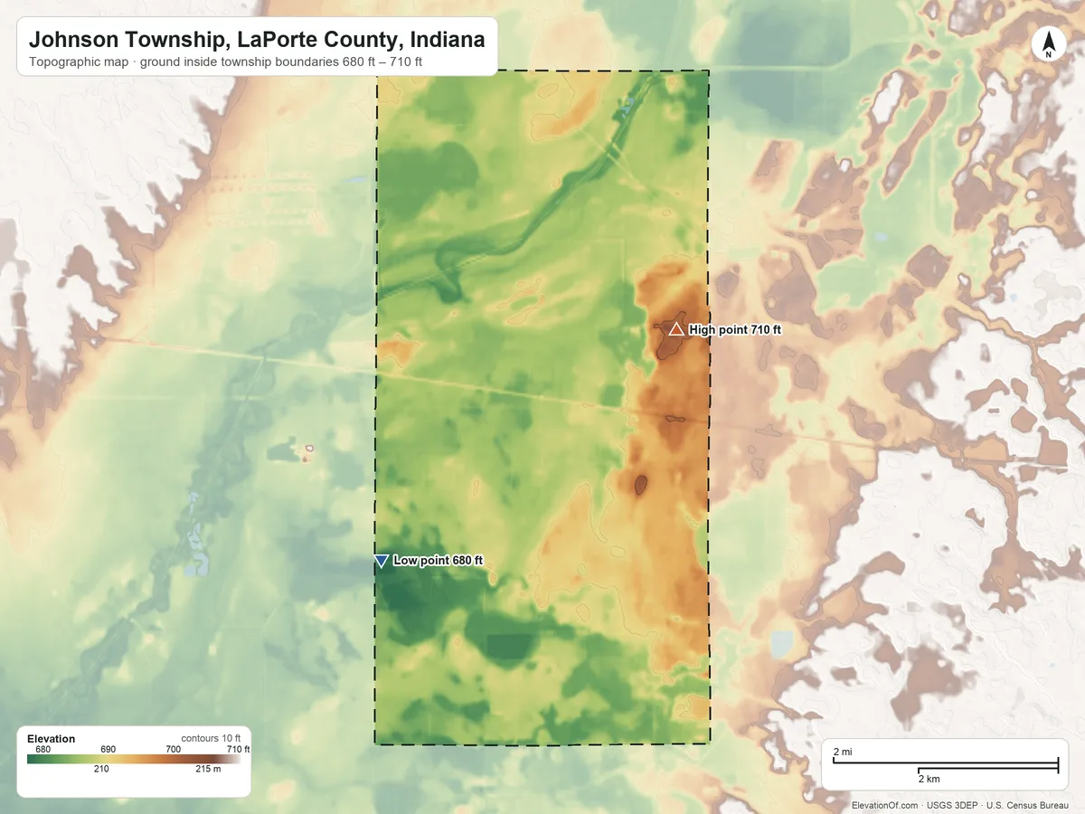 Topographic elevation map of Johnson Township, LaPorte County, Indiana, shaded from 680 ft on the west side to 710 ft on the northeast side