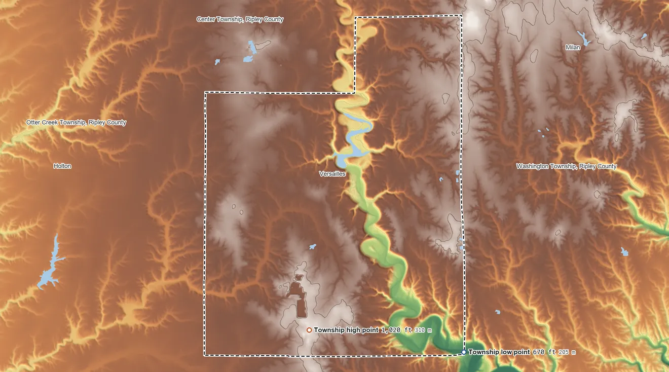 Topographic elevation map of Johnson Township, Ripley County, Indiana, shaded from 670 ft on the southeast side to 1,020 ft on the south side