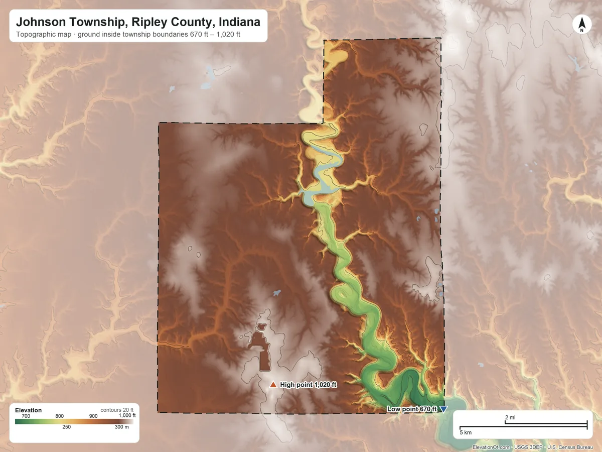 Topographic elevation map of Johnson Township, Ripley County, Indiana, shaded from 670 ft on the southeast side to 1,020 ft on the south side