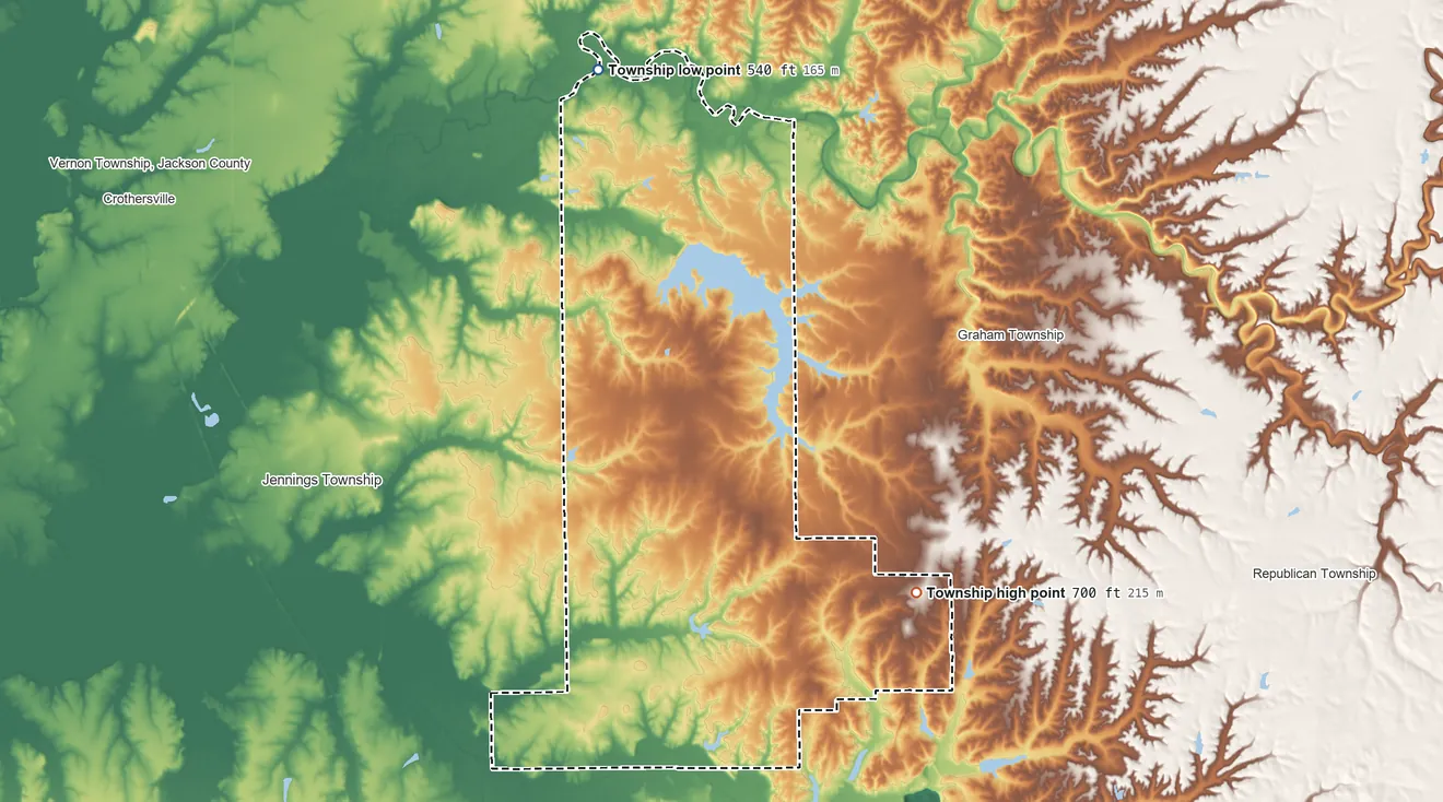Topographic elevation map of Johnson Township, Scott County, Indiana, shaded from 540 ft on the north side to 700 ft on the east side