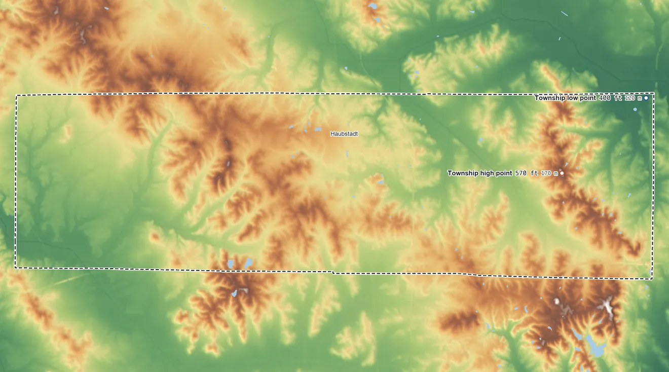Topographic elevation map of Johnson Township, Indiana, shaded from 400 ft on the east side to 570 ft on the east side