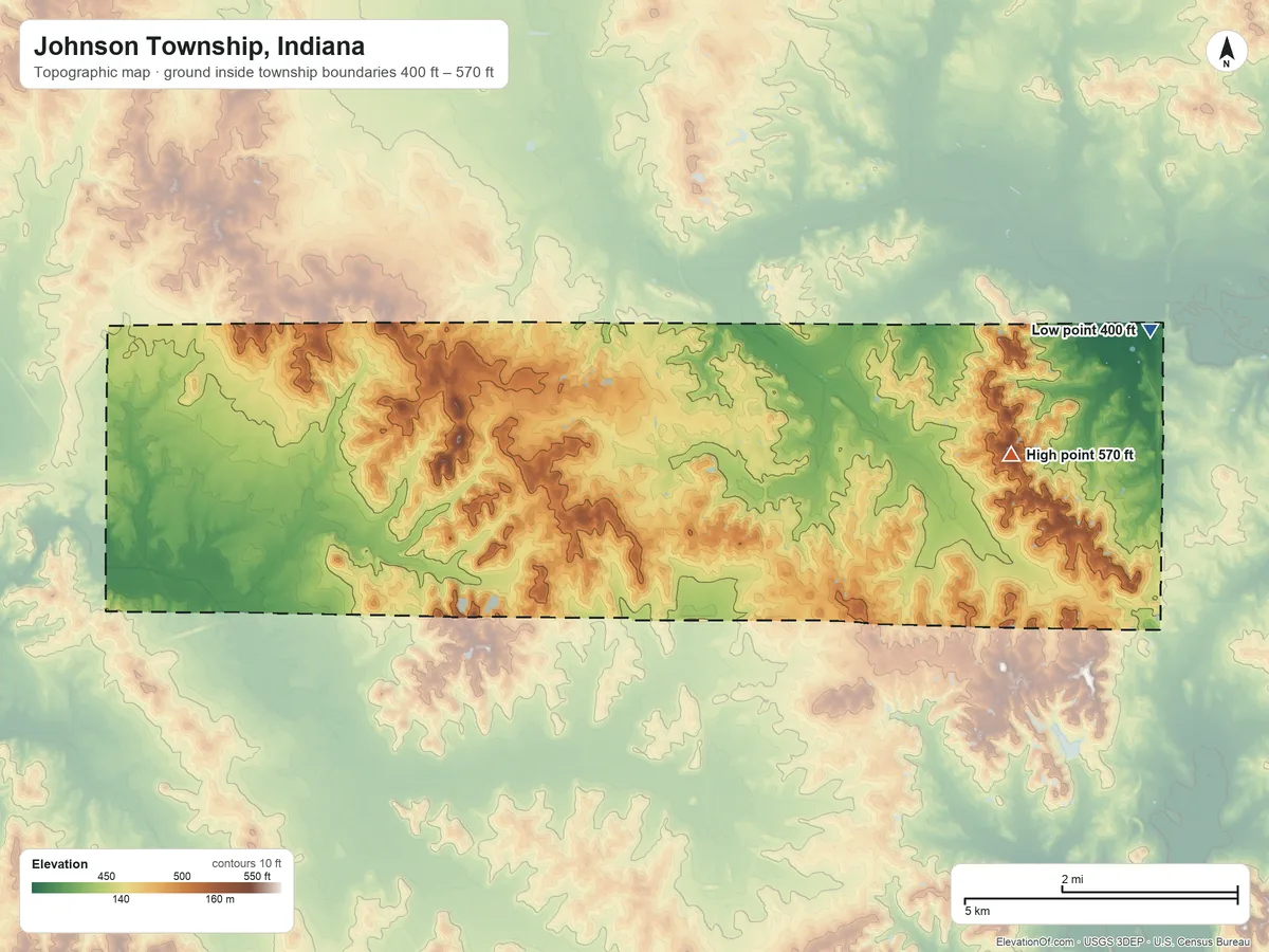 Topographic elevation map of Johnson Township, Indiana, shaded from 400 ft on the east side to 570 ft on the east side