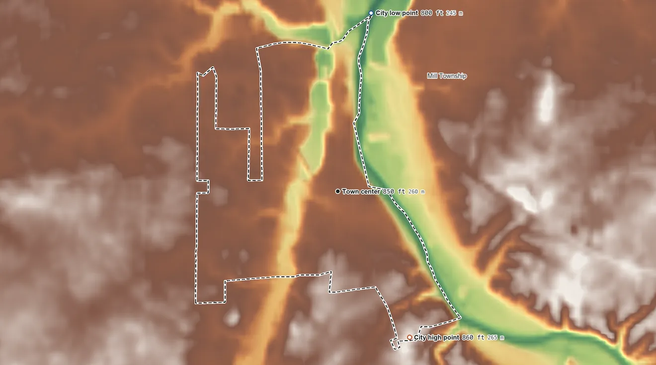 Topographic elevation map of Jonesboro, Indiana, shaded from 800 ft on the north side to 860 ft on the southeast side