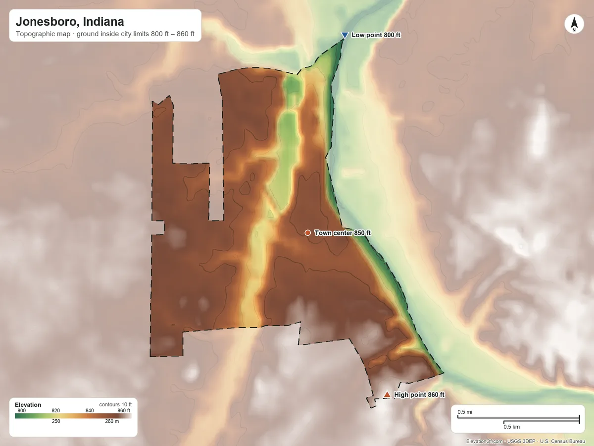 Topographic elevation map of Jonesboro, Indiana, shaded from 800 ft on the north side to 860 ft on the southeast side