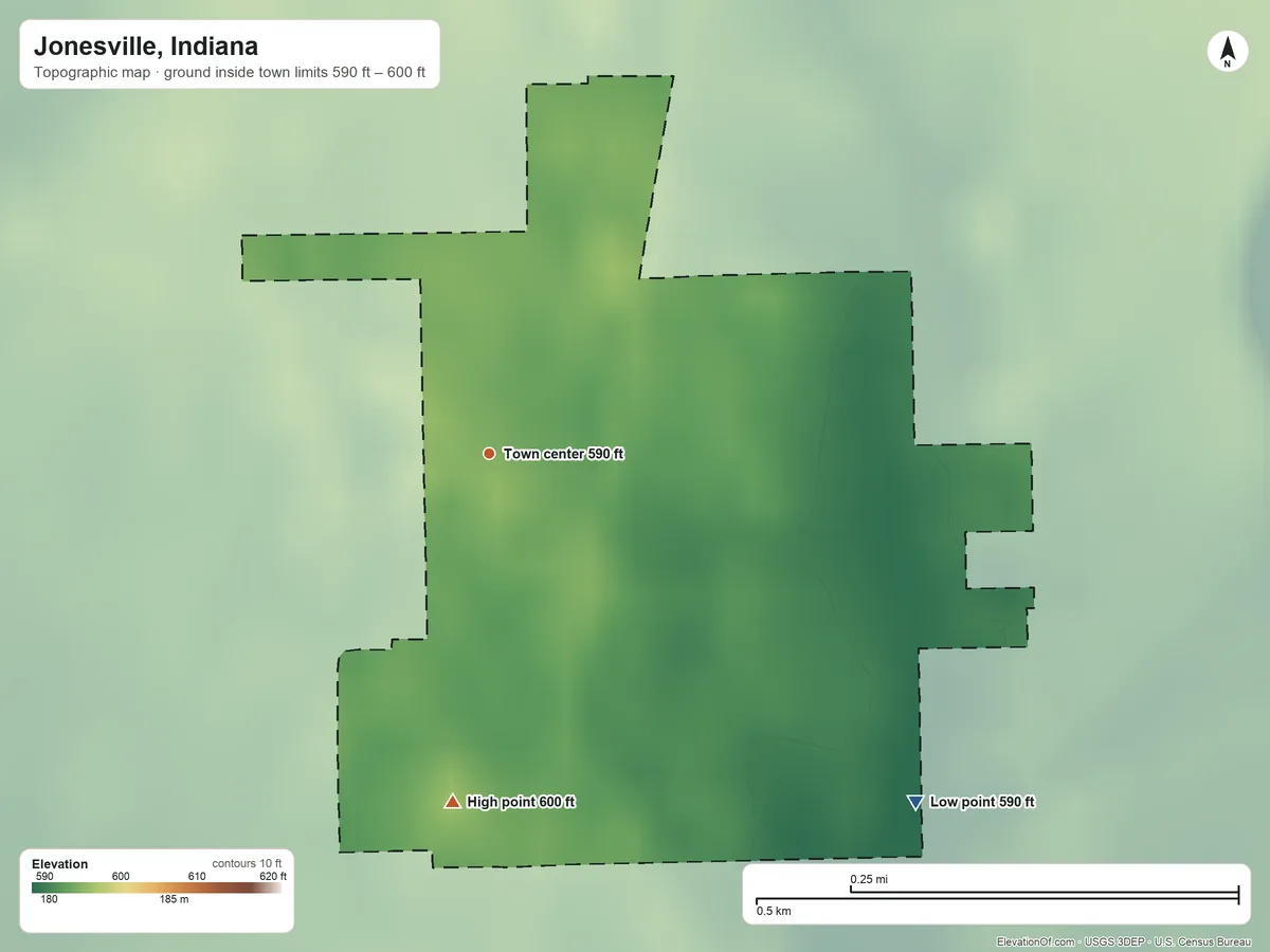 Topographic elevation map of Jonesville, Indiana, shaded from 590 ft on the southeast side to 600 ft on the south side