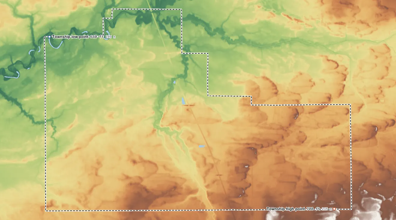Topographic elevation map of Jordan Township, Indiana, shaded from 640 ft on the northwest side to 700 ft on the southeast side