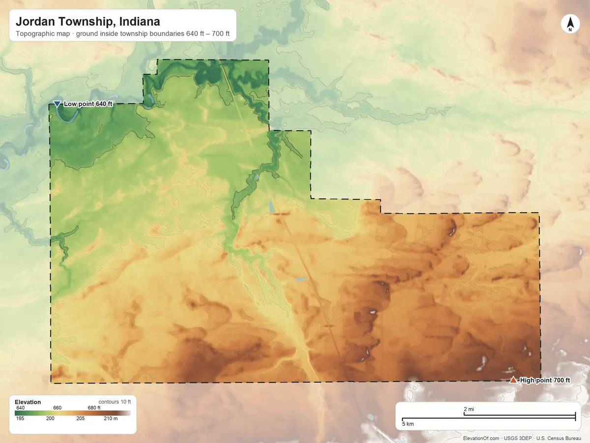 Topographic elevation map of Jordan Township, Indiana, shaded from 640 ft on the northwest side to 700 ft on the southeast side