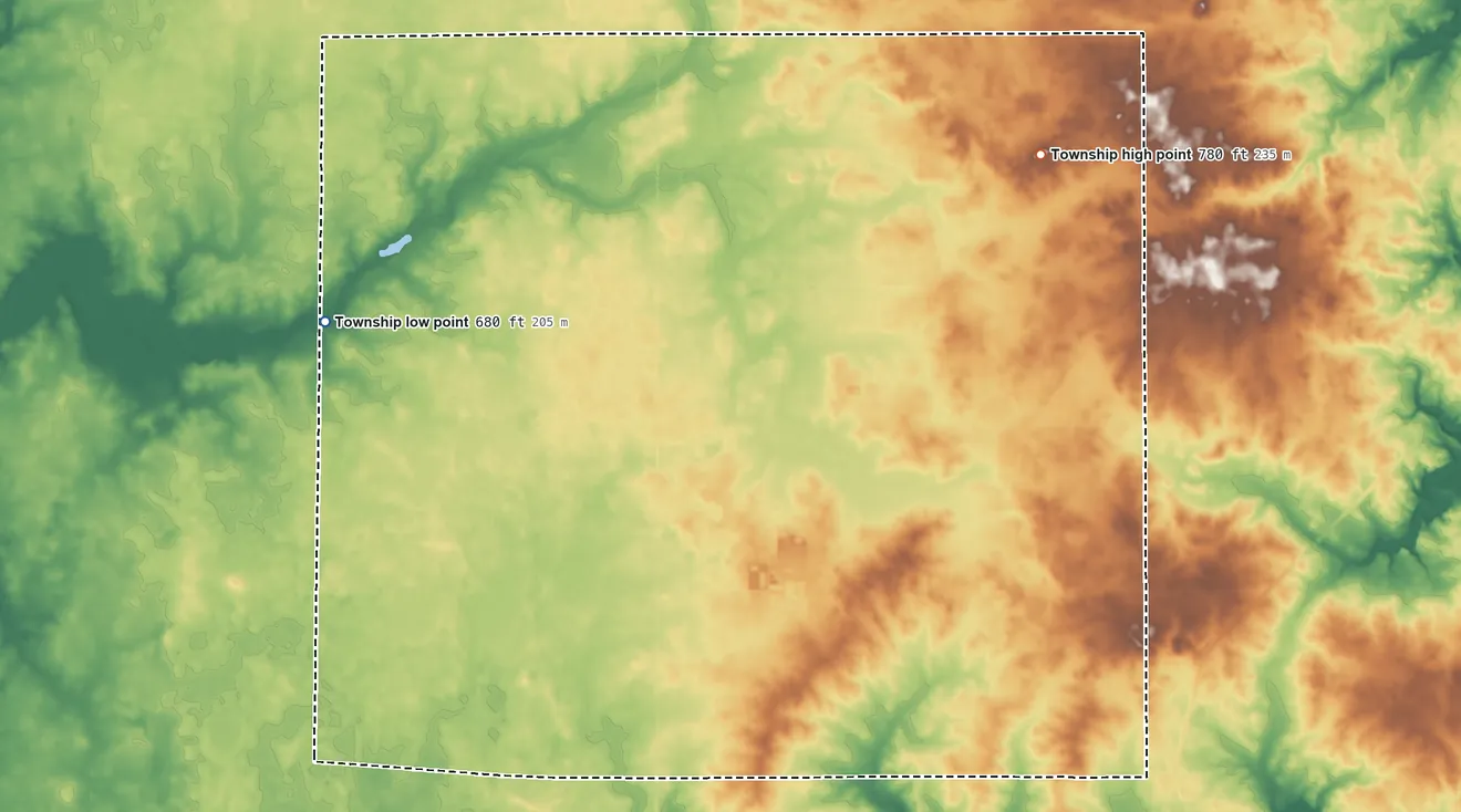 Topographic elevation map of Jordan Township, Warren County, Indiana, shaded from 680 ft on the northwest side to 780 ft on the northeast side