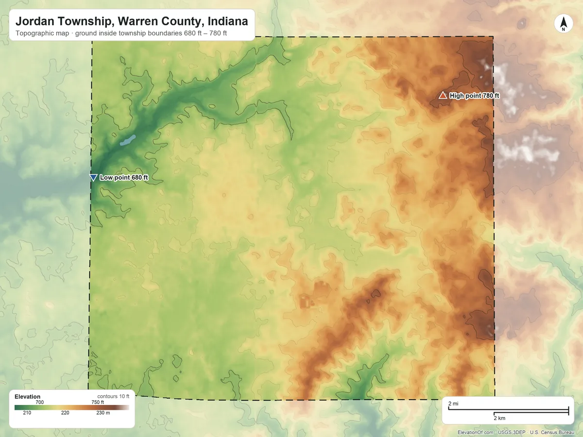Topographic elevation map of Jordan Township, Warren County, Indiana, shaded from 680 ft on the northwest side to 780 ft on the northeast side