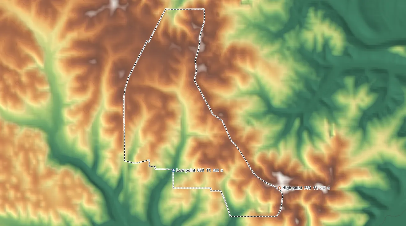 Topographic elevation map of Judah, Indiana, shaded from 600 ft on the south side to 760 ft on the southeast side